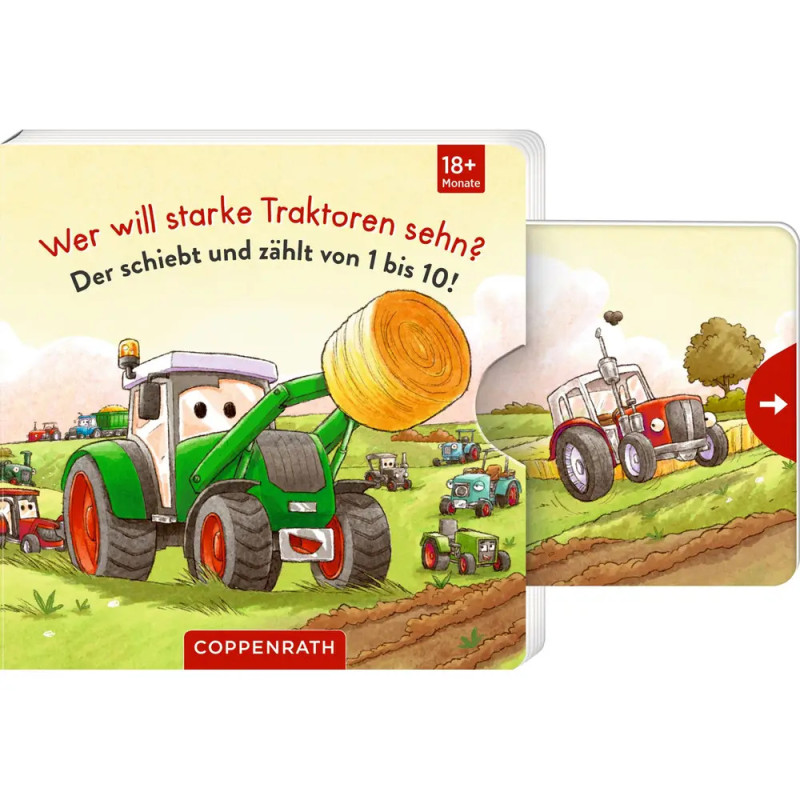 Kinderbuchcover mit illustrierten Traktoren auf einem Feld und deutschem Zähltext von 1 bis 10.