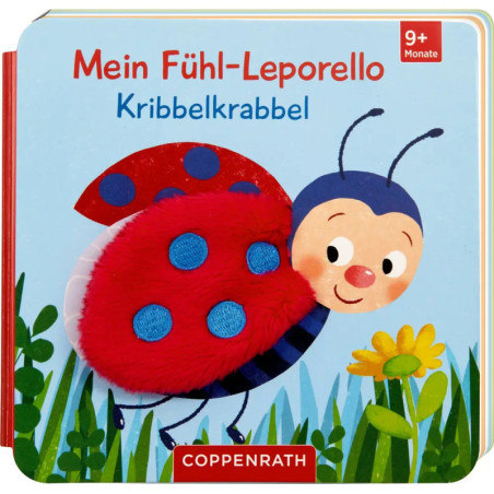 Farbiges deutsches Kinderbuchcover mit lächelndem Marienkäfer und weichen, roten Flügeln, ab 9 Monaten.