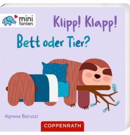 Buchcover: Faultier auf Baum neben Bett, dazu der deutsche Titeltext Bett oder Tier?.