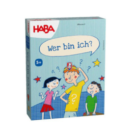 Box des HABA-Spiels Wer bin ich? mit gezeichneten Kindern, die eine Karte auf dem Kopf erraten.