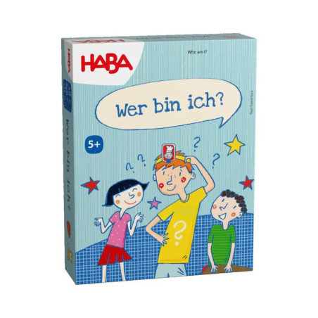 Box des HABA-Spiels Wer bin ich? mit gezeichneten Kindern, die eine Karte auf dem Kopf erraten.
