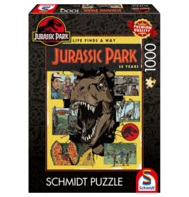 Jurassic Park 30 Jahre Puzzle, 1000 Teile, mit brüllendem T-Rex und Comic-Illustrationen auf der Box.