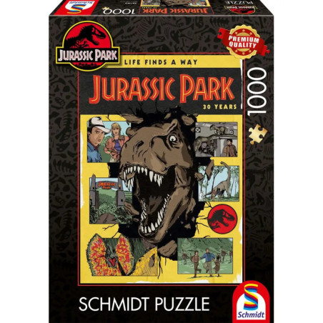 Jurassic Park 30 Jahre Puzzle, 1000 Teile, mit brüllendem T-Rex und Comic-Illustrationen auf der Box.