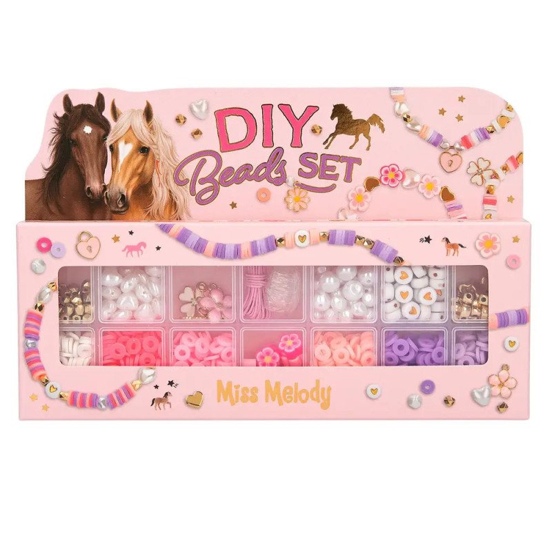 Rosa DIY-Perlenset mit Pferde-Motiven, enthält bunte Perlen und Schnur.