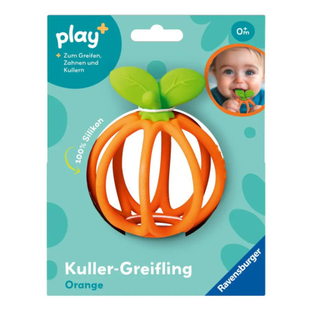 Oranges Silikon-Babyspielzeug in Fruchtform mit grünen Blättern, verpackt, daneben ein Baby bei der Benutzung.