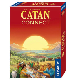 Catan Connect: Spieleschachtel mit Personen am Tisch, Feldern und Sonnenuntergang im Hintergrund.