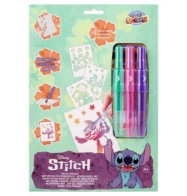 Disney Stitch Spray-Pen-Set mit drei Stiften, wiederverwendbaren Schablonen und Beispiel-Artwork auf der Verpackung.