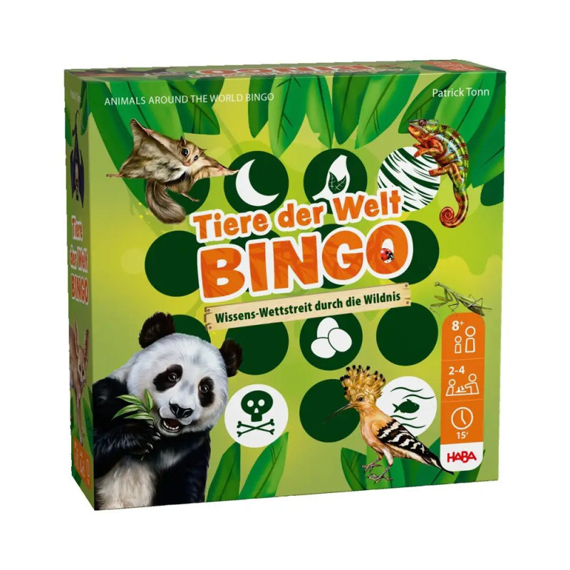 Grüne Spielbox Tiere der Welt Bingo mit Tieren wie Panda, Vogel, Chamäleon und Fledermaus abgebildet.