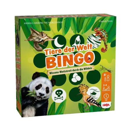 Grüne Spielbox Tiere der Welt Bingo mit Tieren wie Panda, Vogel, Chamäleon und Fledermaus abgebildet.