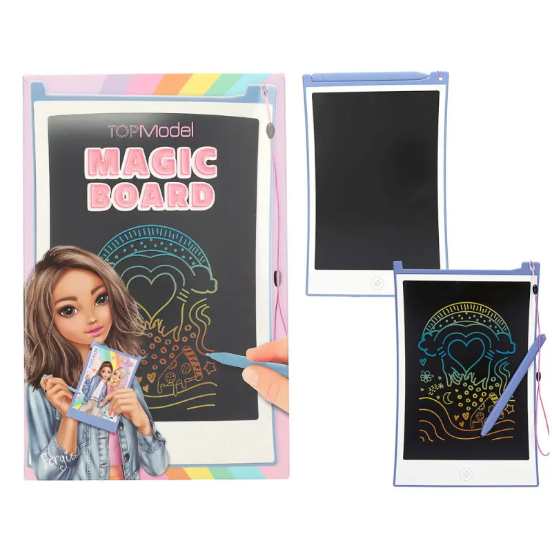 TopModel Magic Board mit bunten Kritzeleien, Stift und einem Mädchen auf der Verpackung.