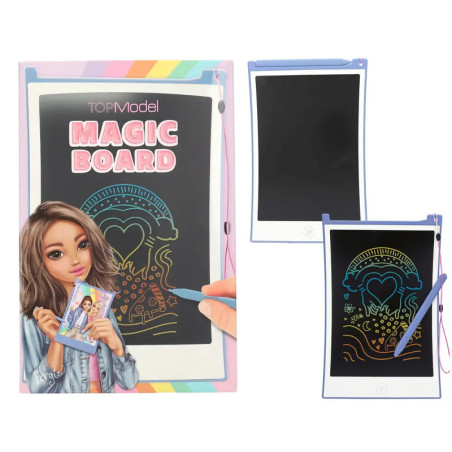 TopModel Magic Board mit bunten Kritzeleien, Stift und einem Mädchen auf der Verpackung.