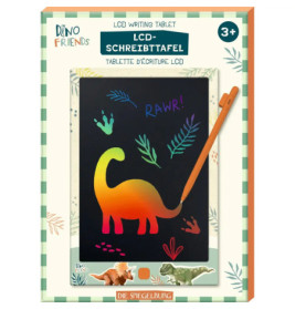 Farbiges LCD-Schreibtablett mit Dinosaurierzeichnung und orangem Stift, geeignet für Kinder ab 3 Jahren.