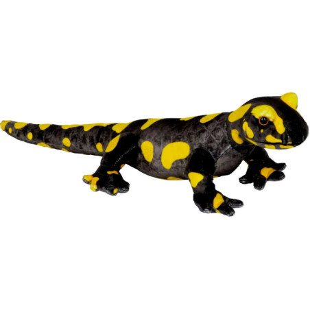 Schwarzes Plüsch-Salamander-Spielzeug mit gelben Flecken, langem Schwanz und vier Beinen.