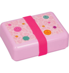 Rosa Brotdose mit pinkem Tragegurt, verziert mit bunten Smileys und Sternen auf dem Deckel.