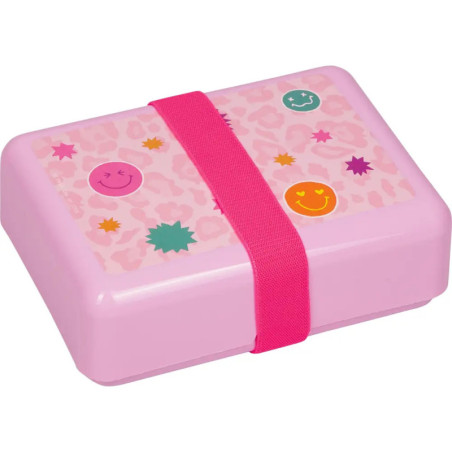 Rosa Brotdose mit pinkem Tragegurt, verziert mit bunten Smileys und Sternen auf dem Deckel.