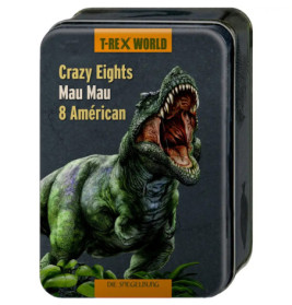 Blechdose mit brüllendem T-Rex und der Aufschrift Crazy Eights Mau Mau 8 American auf der Vorderseite.