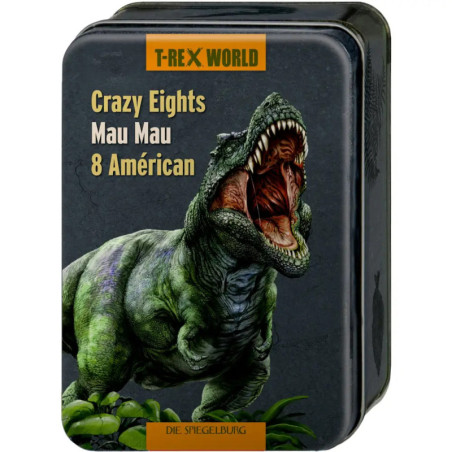 Blechdose mit brüllendem T-Rex und der Aufschrift Crazy Eights Mau Mau 8 American auf der Vorderseite.