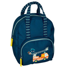 Dunkelblauer Kinder-Rucksack mit gestreiften Henkeln und Feuerwehrautograhik auf der Fronttasche.