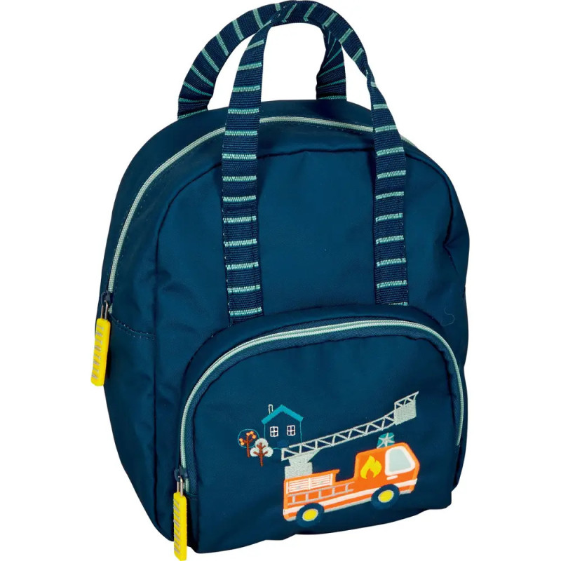 Dunkelblauer Kinder-Rucksack mit gestreiften Henkeln und Feuerwehrautograhik auf der Fronttasche.