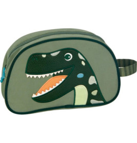 Grünes Täschchen mit Dinosaurier-Gesicht, Reißverschluss und seitlichem Henkel.