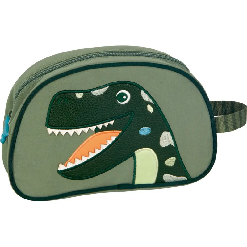 Grünes Täschchen mit Dinosaurier-Gesicht, Reißverschluss und seitlichem Henkel.