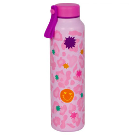 Rosa Trinkflasche mit bunten abstrakten Formen und einem lächelnden orangefarbenen Gesicht als Design.