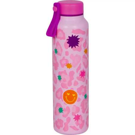 Rosa Trinkflasche mit bunten abstrakten Formen und einem lächelnden orangefarbenen Gesicht als Design. Rosa Trinkflasche mit bunten abstrakten Formen und einem lächelnden orangefarbenen Gesicht als Design.