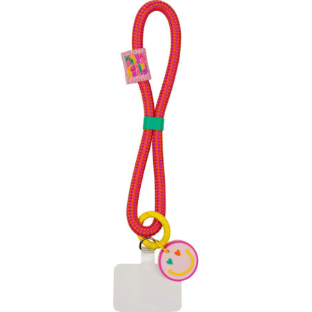 Rotes Schlüsselband mit leerem Ausweis, Smiley-Anhänger und farbigem Stay Silly-Tag.