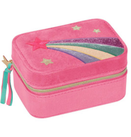Pinke Box mit goldenem Reißverschluss, verziert mit Sternschnuppe und glitzernden Regenbogenstreifen auf dem Deckel.
