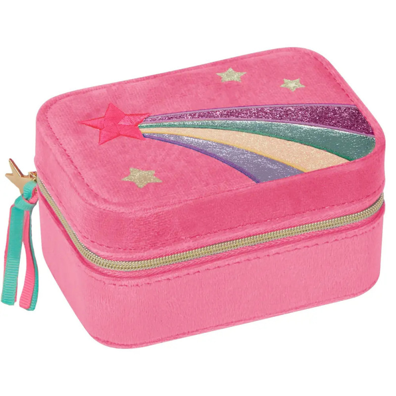 Pinke Box mit goldenem Reißverschluss, verziert mit Sternschnuppe und glitzernden Regenbogenstreifen auf dem Deckel.