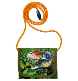 Kleines grünes Täschchen mit buntem Dinosaurier, orangem Gurt und dem Aufdruck ROARR!.