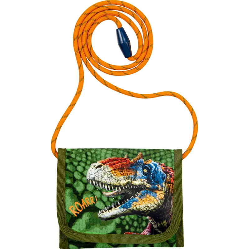 Kleines grünes Täschchen mit buntem Dinosaurier, orangem Gurt und dem Aufdruck ROARR!.