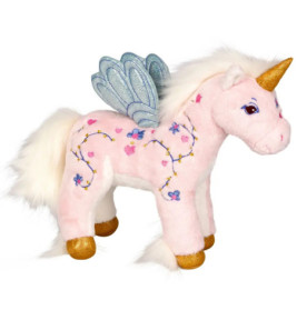 Rosa Plüscheinhorn mit goldenen Hufen, blauen Flügeln, Blumenmuster und goldenem Horn.