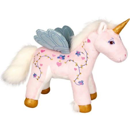 Rosa Plüsch-Einhorn mit goldenem Horn, blauen Flügeln sowie Herz- und Blümchenmotiven am Körper.