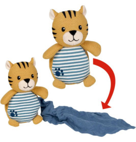 Gestreiftes Tiger-Stofftier, von dessen Seite eine blaue Decke gezogen werden kann (mit rotem Pfeil markiert).