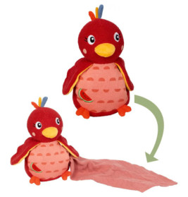 Rotes Plüsch-Vogeltier mit pfirsichfarbenem Bauch, aus dessen Körper eine rosa Decke entrollt wird.