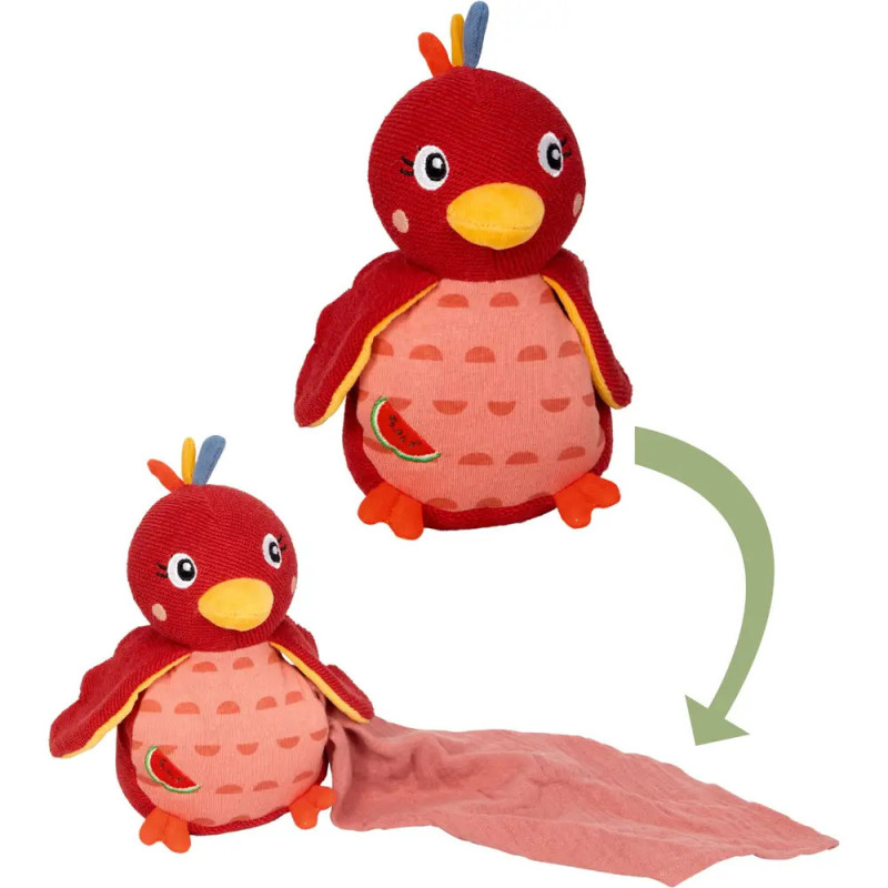 Rotes Plüsch-Vogeltier mit pfirsichfarbenem Bauch, aus dessen Körper eine rosa Decke entrollt wird.