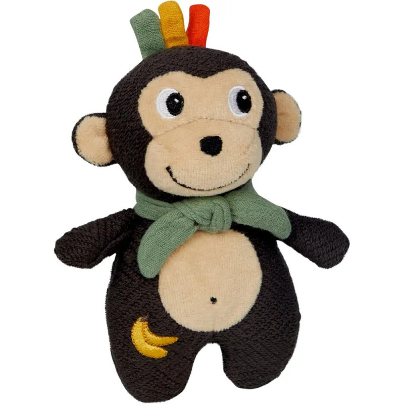 Stoffaffe mit grünem Schal, bunten Haarbüscheln am Kopf und gelber Banane am Bein.