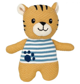 Plüsch-Tiger mit Streifen, lächelndem Gesicht und blau-weiß gestreiftem Shirt mit Pfotenabdruck.