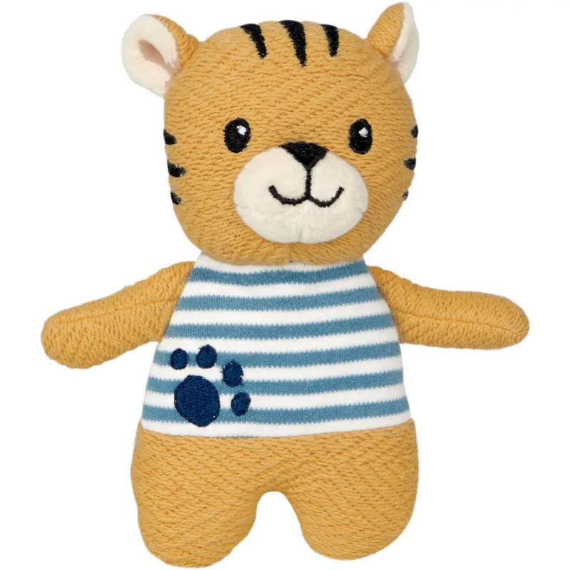 Plüsch-Tiger mit Streifen, lächelndem Gesicht und blau-weiß gestreiftem Shirt mit Pfotenabdruck.