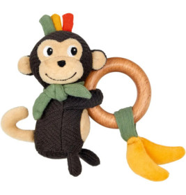 Plüsch-Affe mit Holzring, grünem Schal und angenähter, gelber Banane.
