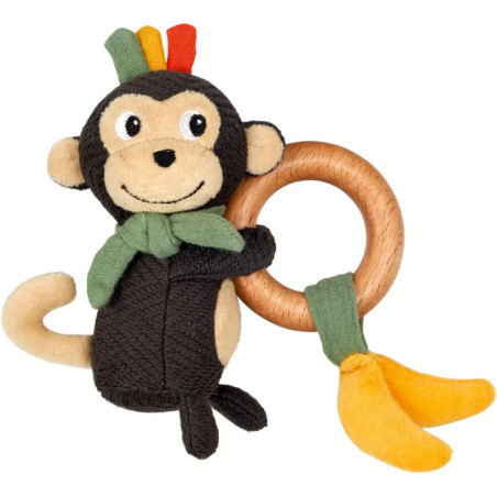Plüsch-Affe mit Holzring, grünem Schal und angenähter, gelber Banane.