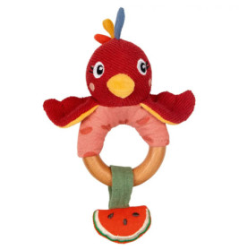 Rote Plüsch-Vogel-Babyrassel mit Holzring und einer kleinen Wassermelonenscheibe am unteren Ende.
