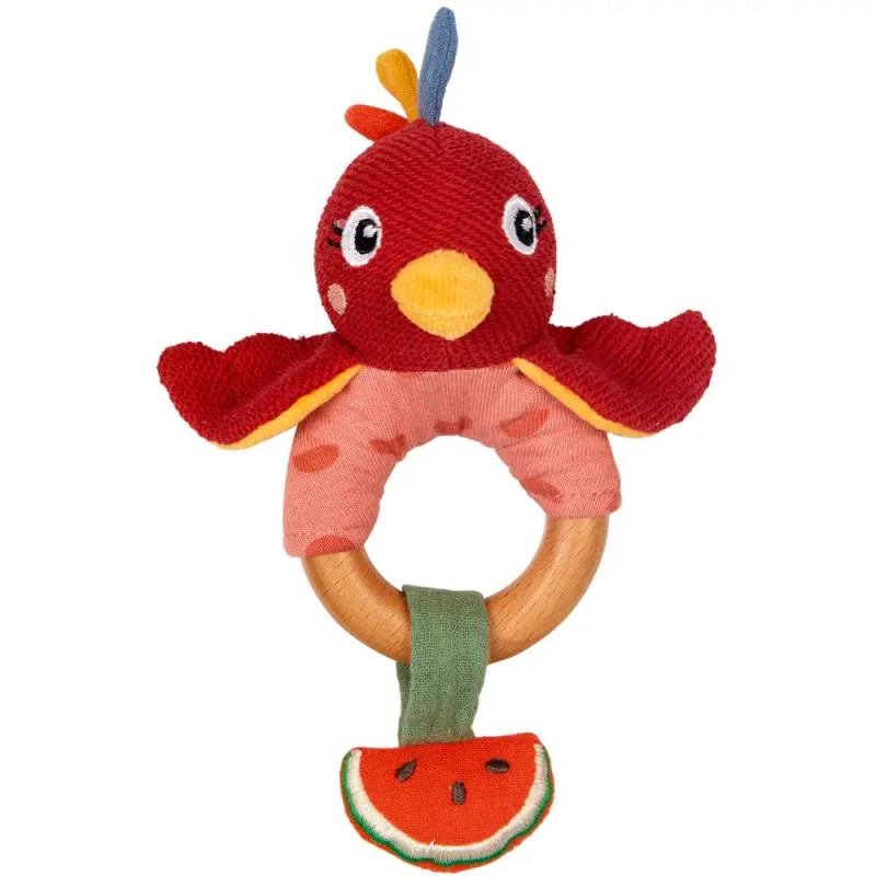 Rote Plüsch-Vogel-Babyrassel mit Holzring und einer kleinen Wassermelonenscheibe am unteren Ende.