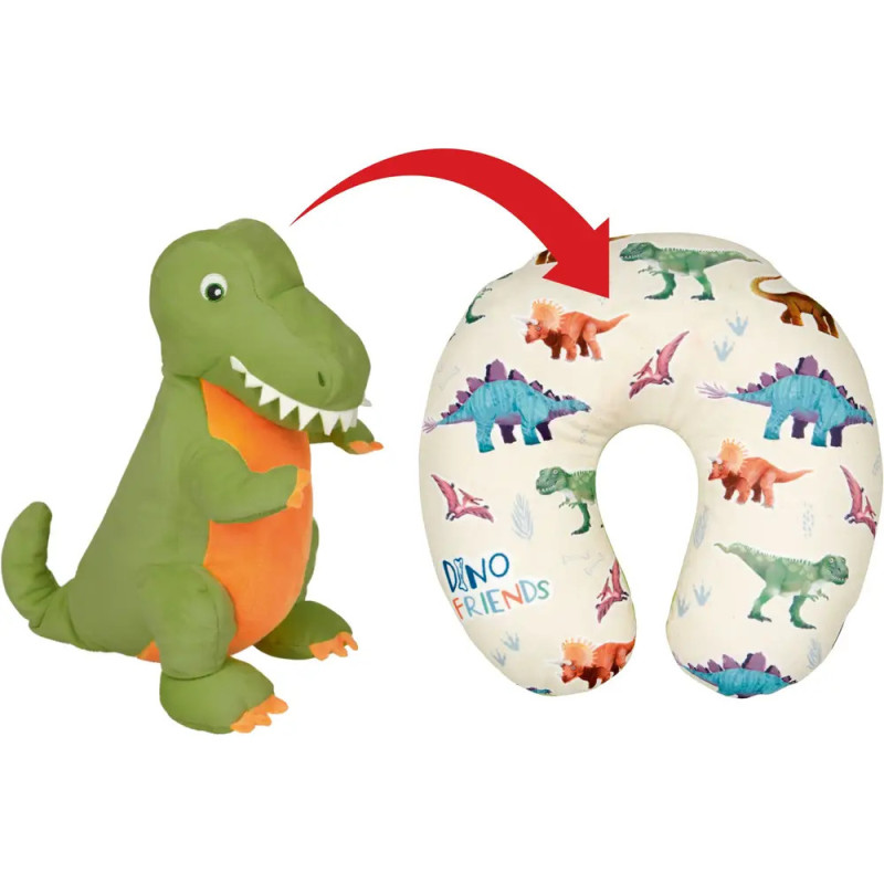 Grünes Dino-Plüschtier lässt sich in ein U-förmiges Kissen mit bunten Dino-Motiven und Dino Friends-Schrift verwandeln. Grünes Dino-Plüschtier lässt sich in ein U-förmiges Kissen mit bunten Dino-Motiven und Dino Friends-Schrift verwandeln.