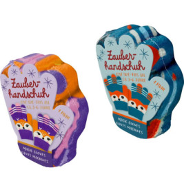 Bunte Kinder-Zauberhandschuhe mit Pinguinmotiv, Packung beschriftet auf Deutsch und Englisch.
