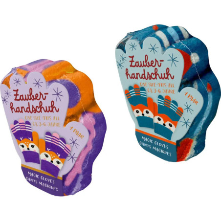 Bunte Kinder-Zauberhandschuhe mit Pinguinmotiv, Packung beschriftet auf Deutsch und Englisch.