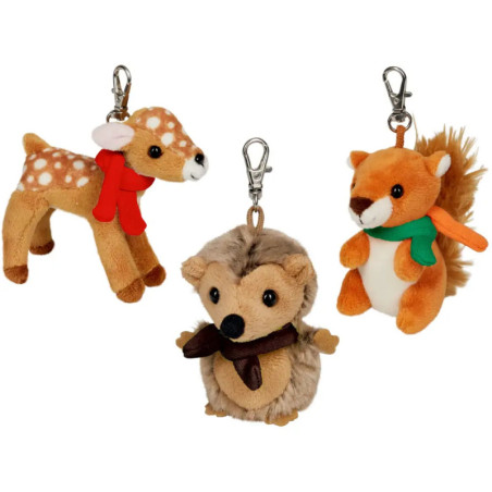 Drei Plüschtier-Schlüsselanhänger: Hirsch, Igel und Eichhörnchen, jeweils mit farbigem Schal.