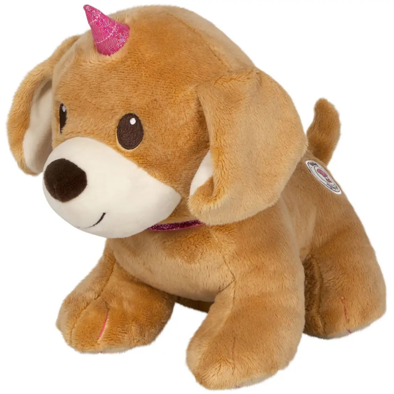Brauner Plüschhund mit Schlappohren, weißer Schnauze und pinkem Glitzer-Einhorn, sitzt aufrecht.
