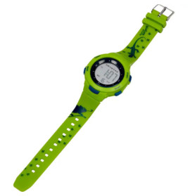 Grüne Digitaluhr mit blauem Dinosaurier- und Fußabdruck-Design auf dem Armband Anzeige zeigt Uhrzeit und Datum.
